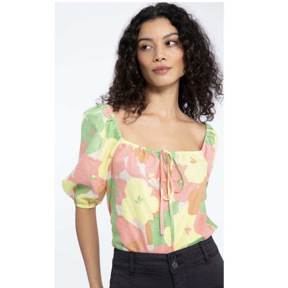Sanctuary Women's XL Perfect Time Linen Blend Square Neck‎ Top Flower Burst NWT